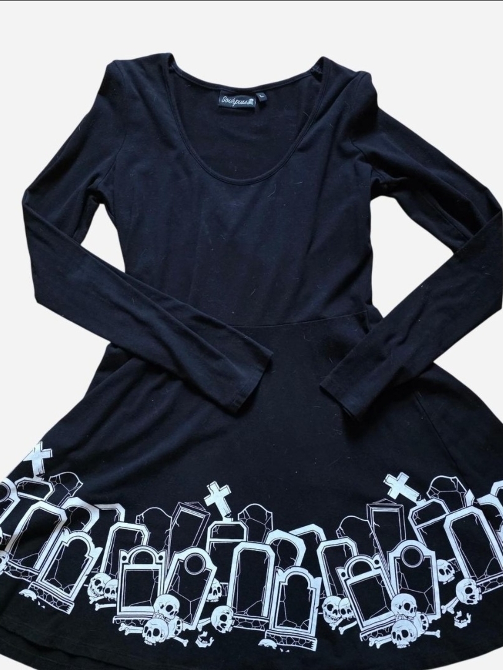 Sourpuss Black Long Sleeve Fit-and-Flare Dress with White Tombstone Border